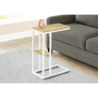 Table de bout de salon et de chambre à coucher - Plateau en stratifié naturel, métal blanc, design moderne avec tablettes supplémentaires, instructions de fabrication illustrées et stratifié de support latéral, option de rangement de style contemporain