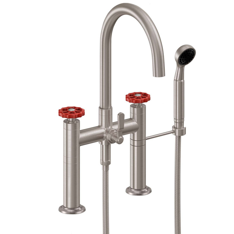 Descanso Tub Filler with Diverter, Cross Handle, Satin Nickel/Red