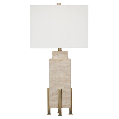 Lampe de table Iris avec base en pierre de travertin avec abat-jour blanc et détails métalliques