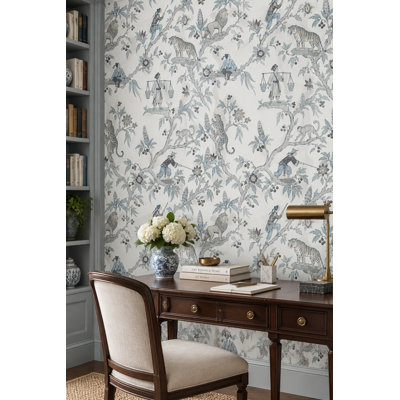 Chinoiserie Figures And Big Cats Wallpaper White Background