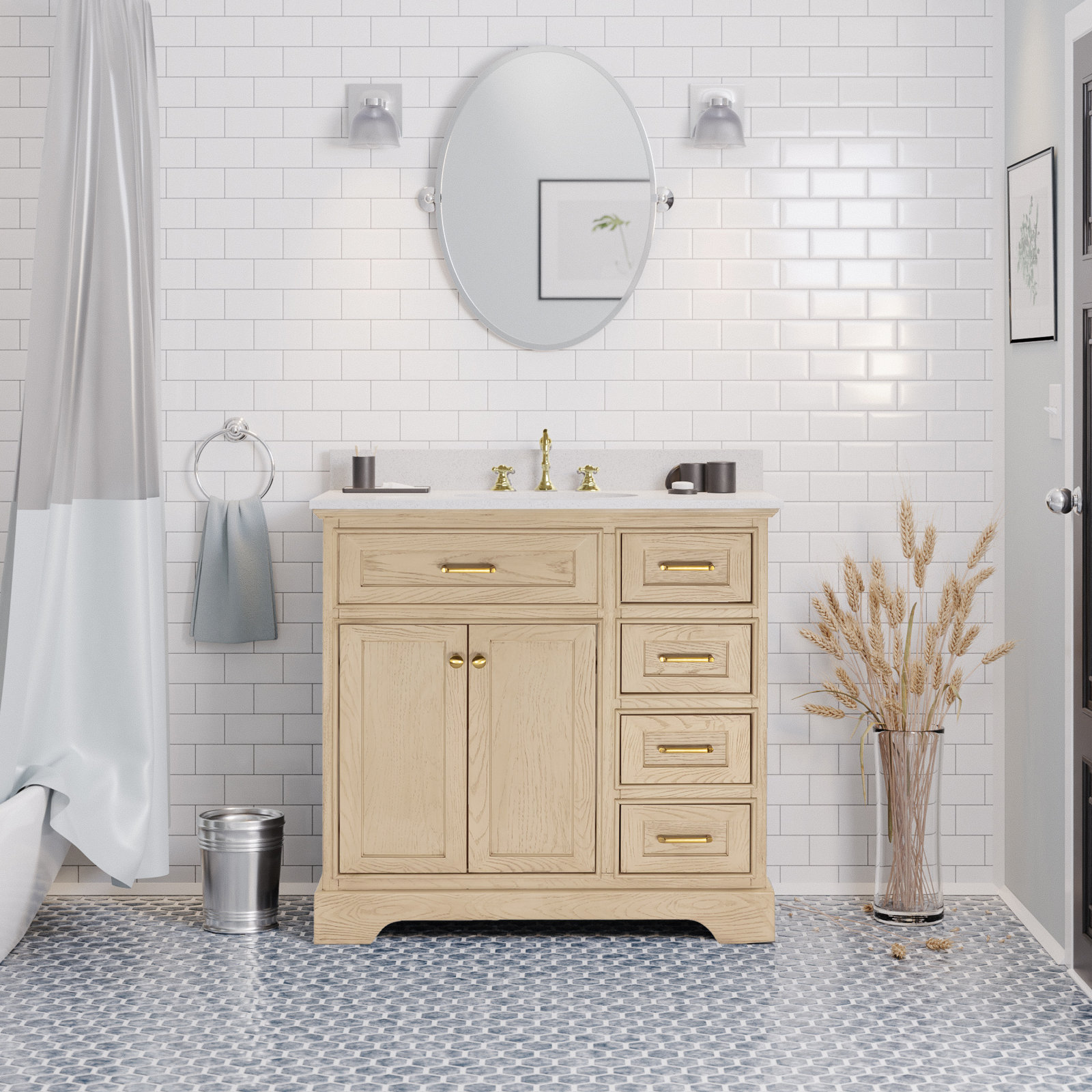 Ronnie 36'' Single Bathroom Vanity, Engineered White, Greige Oak