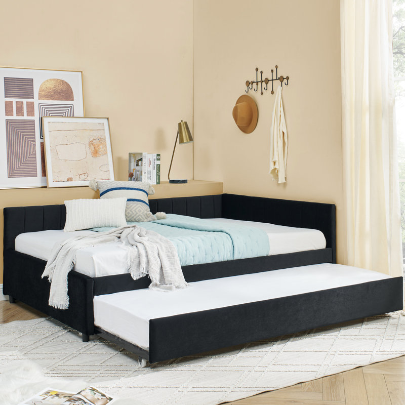 Full Size Upholstered Daybed In Black Velvet With Trundle, Bed Frame Comfortable And , Vertical Stripe Pattern For A Contemporary Look, Good Family Rooms Bedrooms, Reinforced Eucalyptus Back Design,