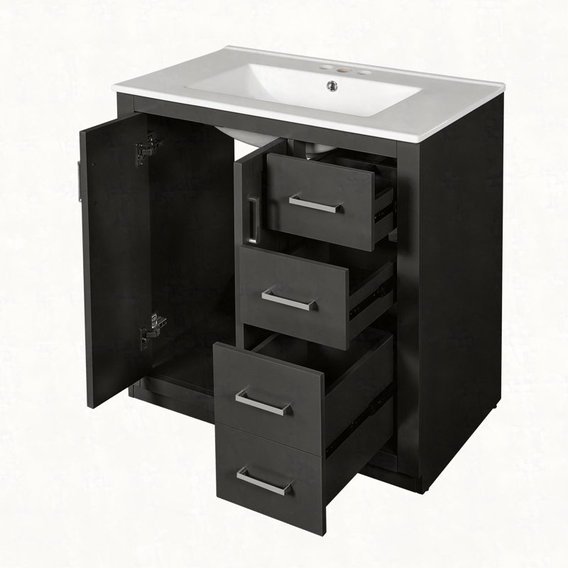 Ensemble de meuble-lavabo 30 po avec lavabo en céramique, armoire de rangement en bois massif, ensemble de meuble-lavabo autoportant avec 3 tiroirs et portes à fermeture douce