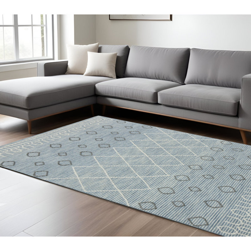 Tapis crocheté à la main 8 pi x 10 pi bleu gris et ivoire en laine
