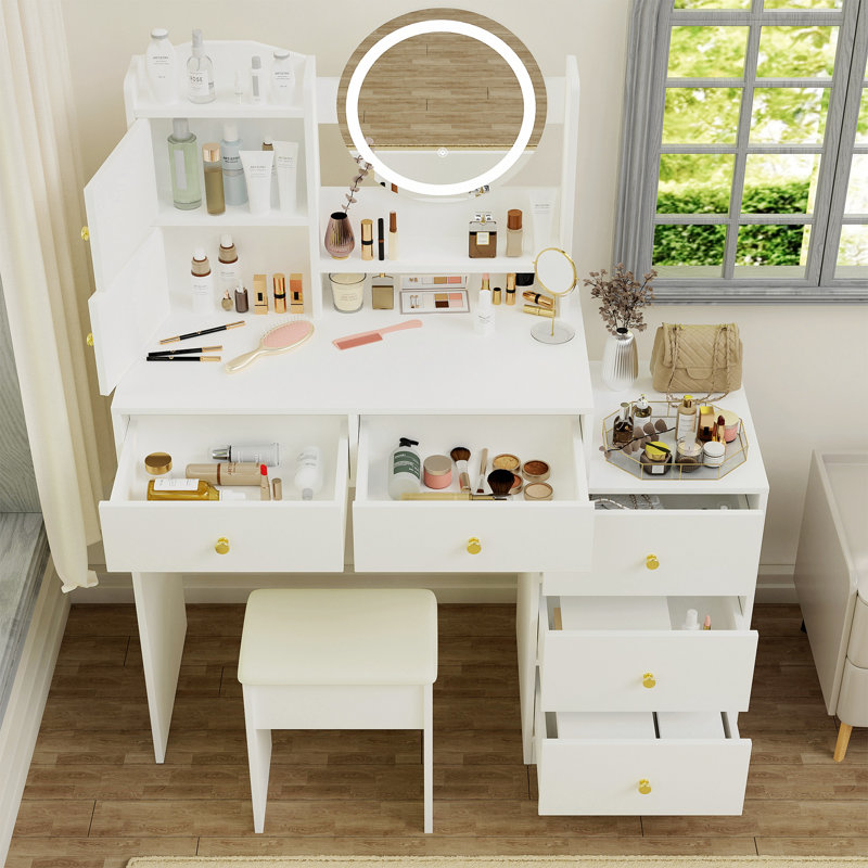 Meuble-lavabo blanc moderne 47 po avec miroir et lumières pour le maquillage, fauteuil rembourré, 3 lumières réglables