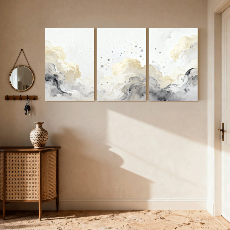 «Abstract Abstract Clouds Sunburst Golden Dots Smoke Waves», ensemble de 3 impressions sur toile, H 18 po x l 36 po