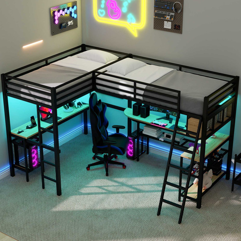 Metal Twin L-Shaped Loft Bed with LED, Storage Shelves, 2 Desks & 2 Charging Stations, Black