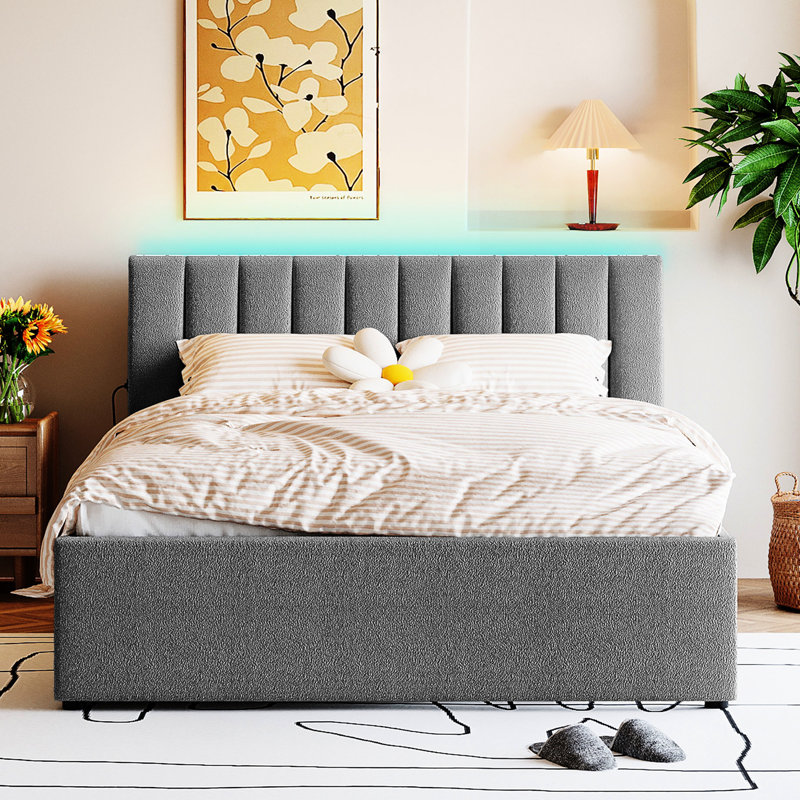 Grand lit tapissier grand avec lit gigogne simple TG et aspect poli, molleton gris, structure stable, Grand lit, Gris