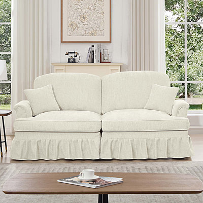 Mid Century Oversized Sofa Couch with Removable Ruffles Pleats Skirts and Spindle Legs, Chenille 2-Seat Loveseat Sofa