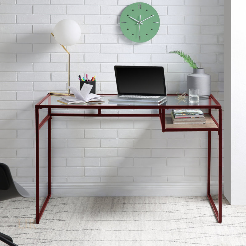 Yasin Clear Glass Top Writing Desk With Red Finish And Open Storage, Perfect For Modern Home Offices And Small Spaces.