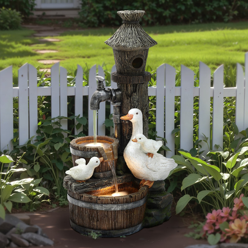 Ducks on the Farm and Birdhouse Outdoor Resin Fountain with Lights