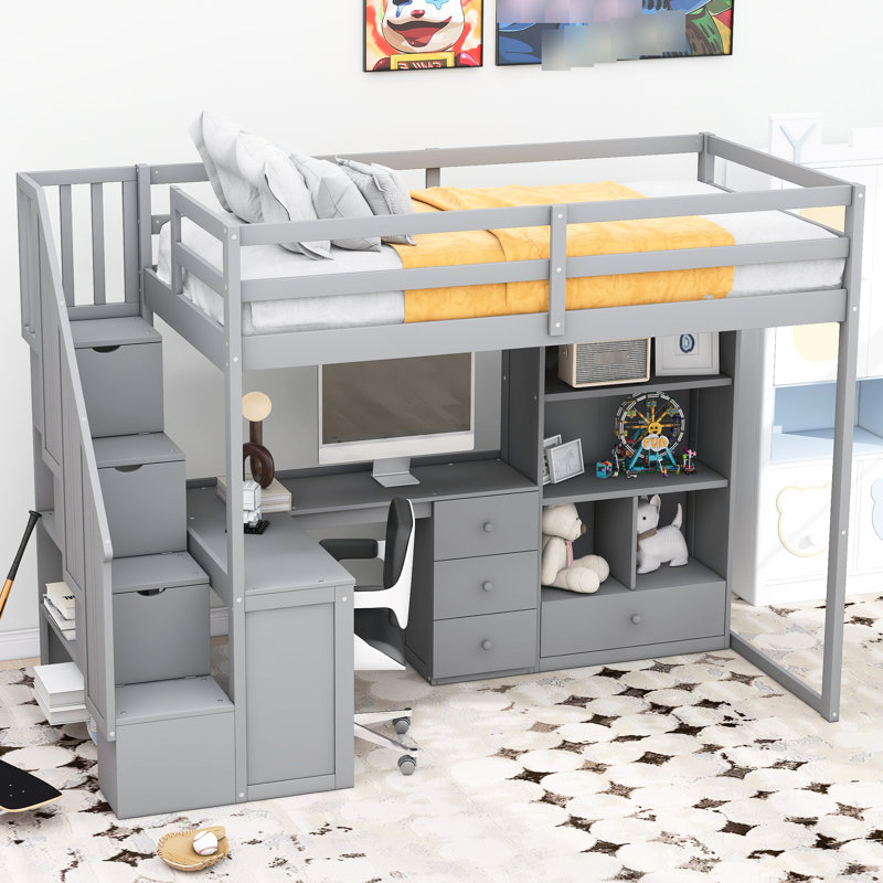 Lit mezzanine simple avec bureau en L, armoire, tiroirs et escalier incontestable - bureau et rangement gris, Gris
