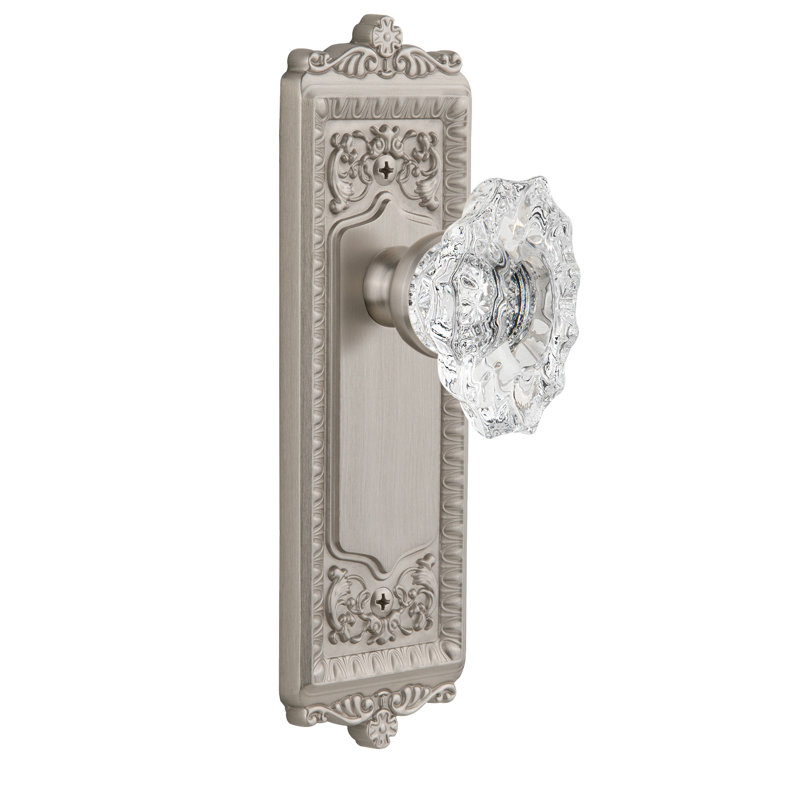 Grandeur Windsor Plate Double Dummy with Biarritz Crystal Door Knob, Satin Nickel