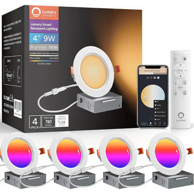 Lumary 4" Smart WiFi Recessed Lighting with  Anti-Glare Metal Trim & J-Box, RGBWW Canless Ceiling Lights,  Compatible with Alexa/Google(4 Pack)