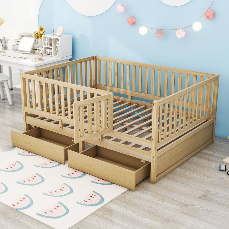 Wood 2 Drawers Floor Bed with Guardrails, Full, Natural