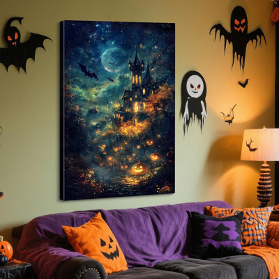 Halloween Canvas Wall Art, Enchanted Haunted Castle With Pumpkins Misty Moonlit Night Horror Poster Blue Style Picture Fantasy Wall Decor, Framed Prints For Home Decor, 16X24inch