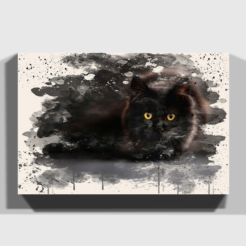 Black Cat Painting on Canvas - Wrapped Canvas, 35cm H x 50cm W