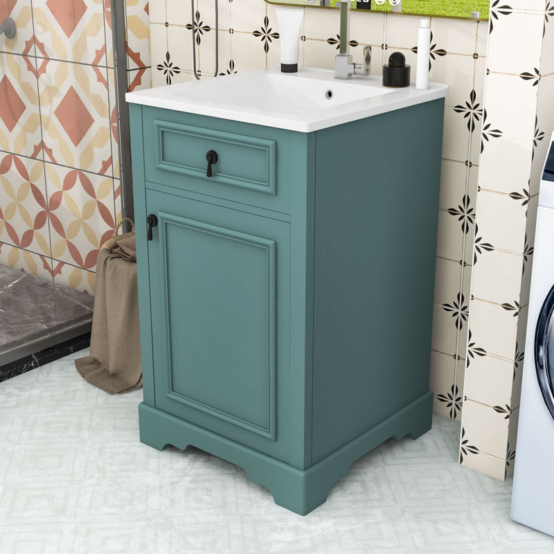 Meuble-lavabo de salle de bain avec lavabo en céramique, porte à fermeture douce, tablette réglable et support de rangement
