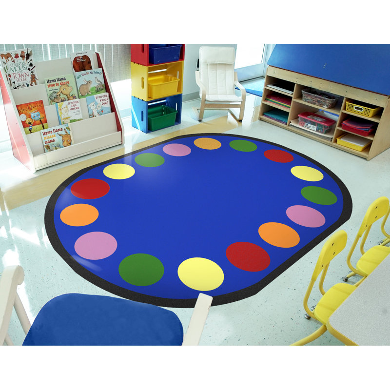 Tapis bleu éducatif touffeté à pois, Ovale 7 pi 8 po x 10 pi 9 po