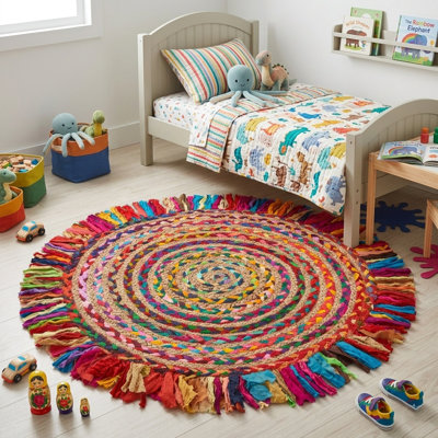 Tapis d'intérieur en fibre de jute tressé à la main Whimsical Rainbow