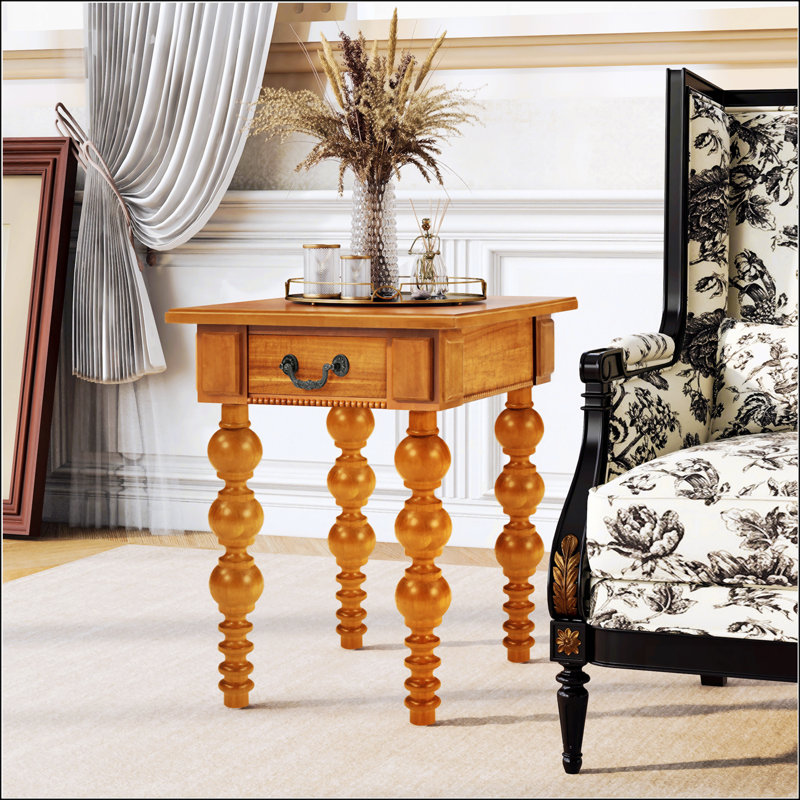 Table de chevet en bois massif avec placage antique, tiroir simple et pieds robustes pour un décor de ferme moderne