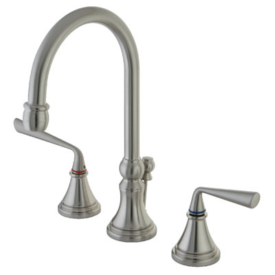 Kingston Brass Silver Sage Two-Handle 3-Hole Deck Mount Widespread Bathroom Faucet with Brass Pop-Up Drain