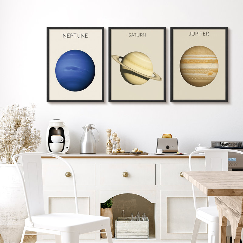 Planète du système solaire, reproduction d'art encadrée - Neptune, Saturne et Jupiter, ensemble d'art mural éducatif sur 3, décor d'inspiration astronomique moderne pour chambre d'enfant ou bureau