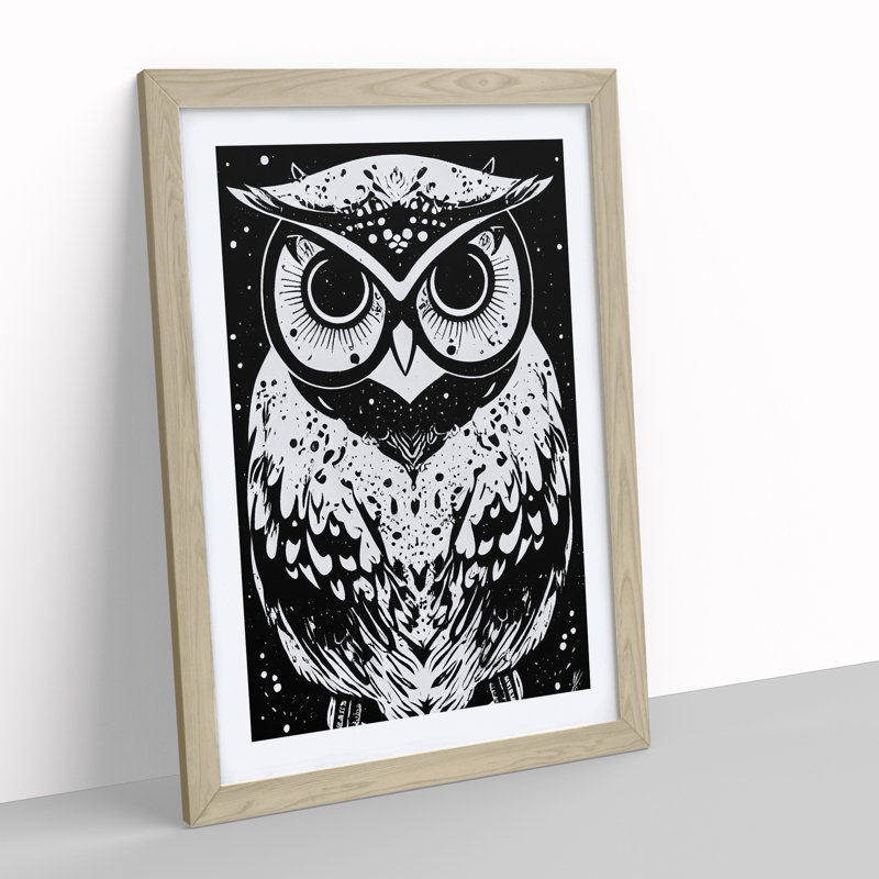 Monochrome Owl - Framed Print, 64cm H x 46cm W x 2cm D, Oak