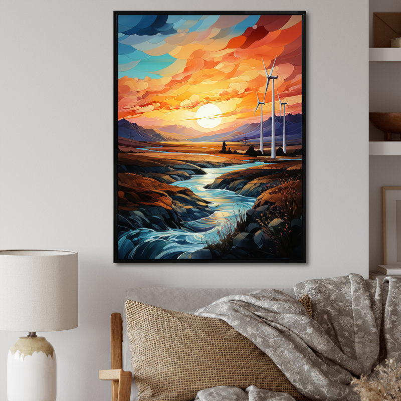 Wind Turbines Sunrise Valley I sur toile, Cadre flottant noir, H 40 po x l 30 po x P 1,5 po