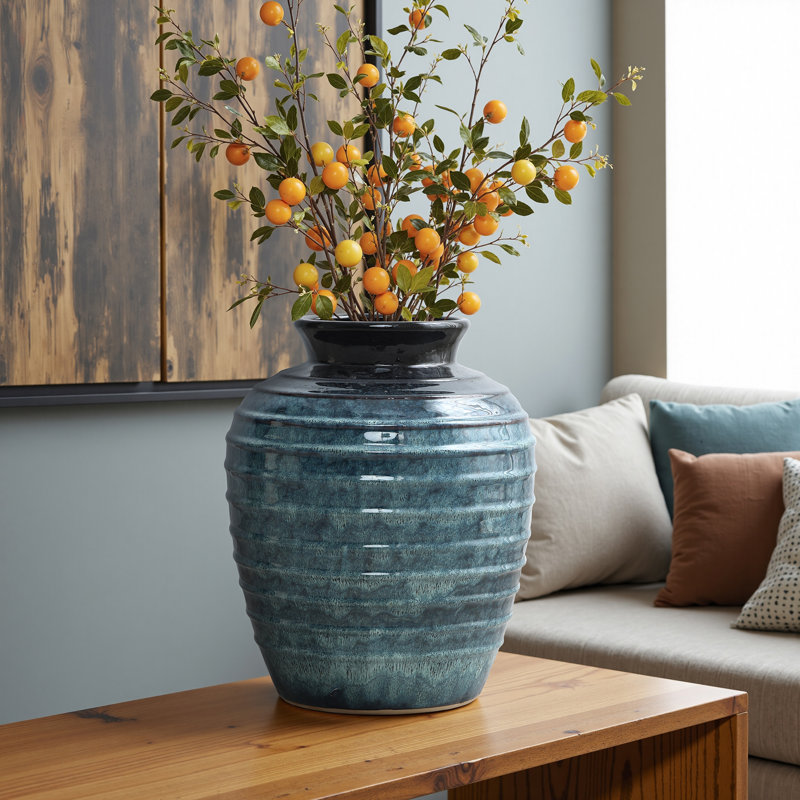 Grand vase rond en céramique ondulé bleu 15,75 pouces