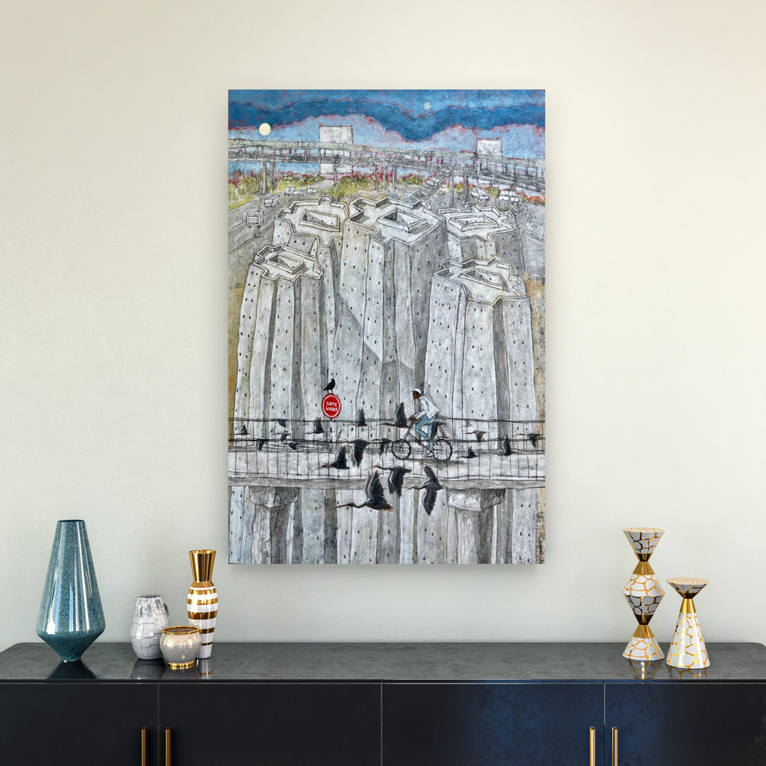 Urban Bridge Cyclist Contemporary Industrial Modern Bird Architecture City Wall Art Print