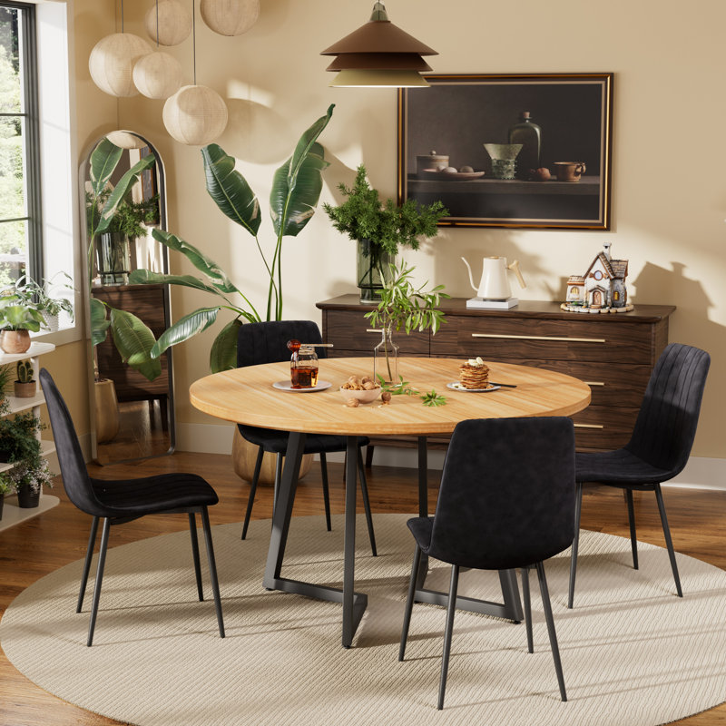 Ensemble de table de salle à manger ronde avec chaises en tissu d'ameublement en velours, 5, Naturel, Noir