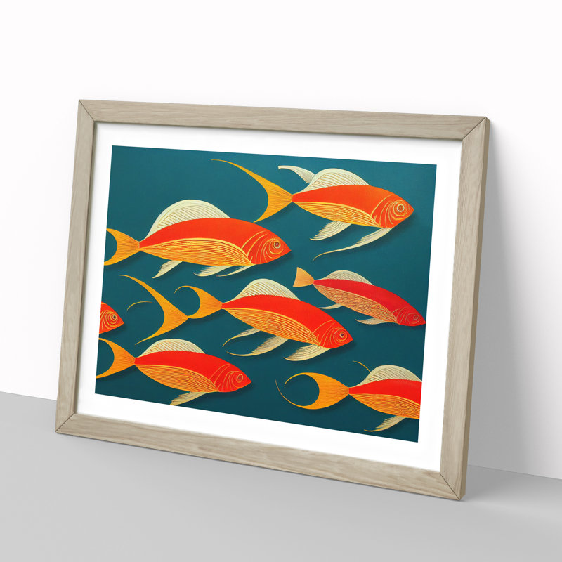 Art Deco Fish - Single Picture Frame Print, 46cm H x 64cm W , Beige