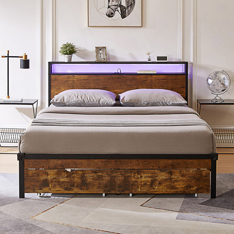Base de lit plateforme en métal avec station de charge, Grand lit