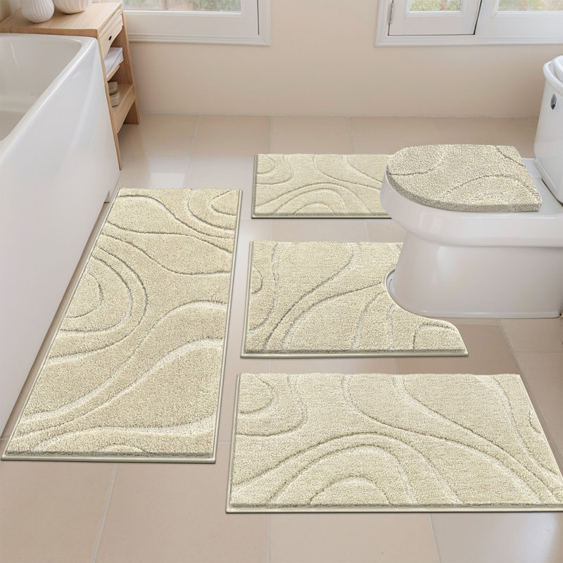 5 Piece Soft Absorbent Microfiber Bath Rug Set with Non-Slip Backing, Light Beige