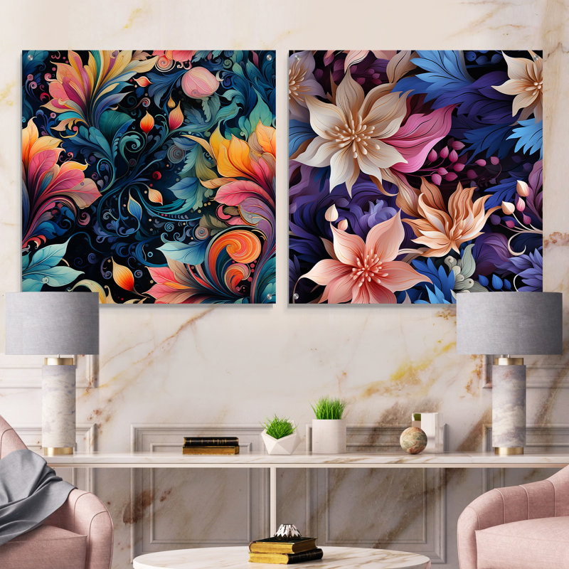 Diemer - Ensemble de 2 peintures murales abstraites en acrylique, H 16 po x l 33 po