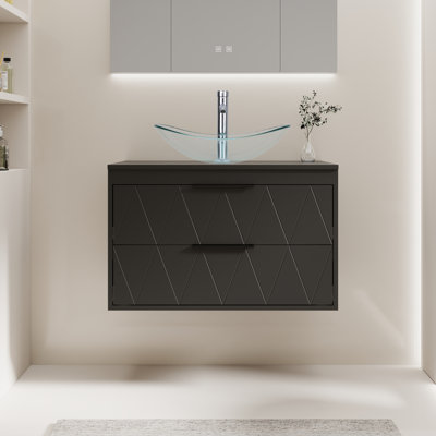 Ensemble de meuble-lavabo mural simple 30 po avec lavabo vasque en céramique Sharee, comptoir en bois manufacturé, robinet et bonde Sharee