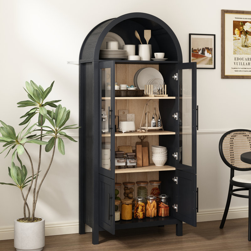 Bibliothèque arquée 71 "avec portes en verre - Vitrine polyvalente et armoire de rangement pour garde-manger, Noir