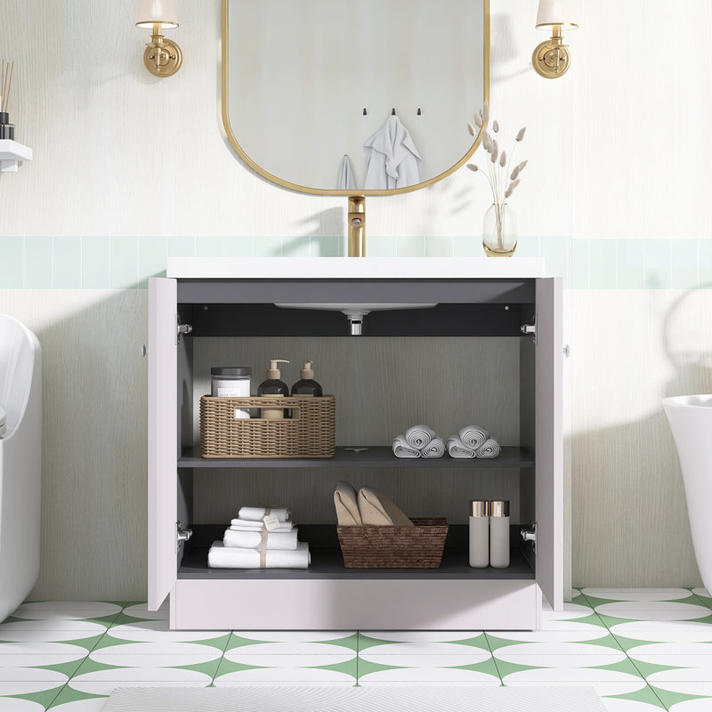 Freestanding Standard Free Standing Single Double Single Vanity Bathroom Vanity With Resin Top, 35.4"
