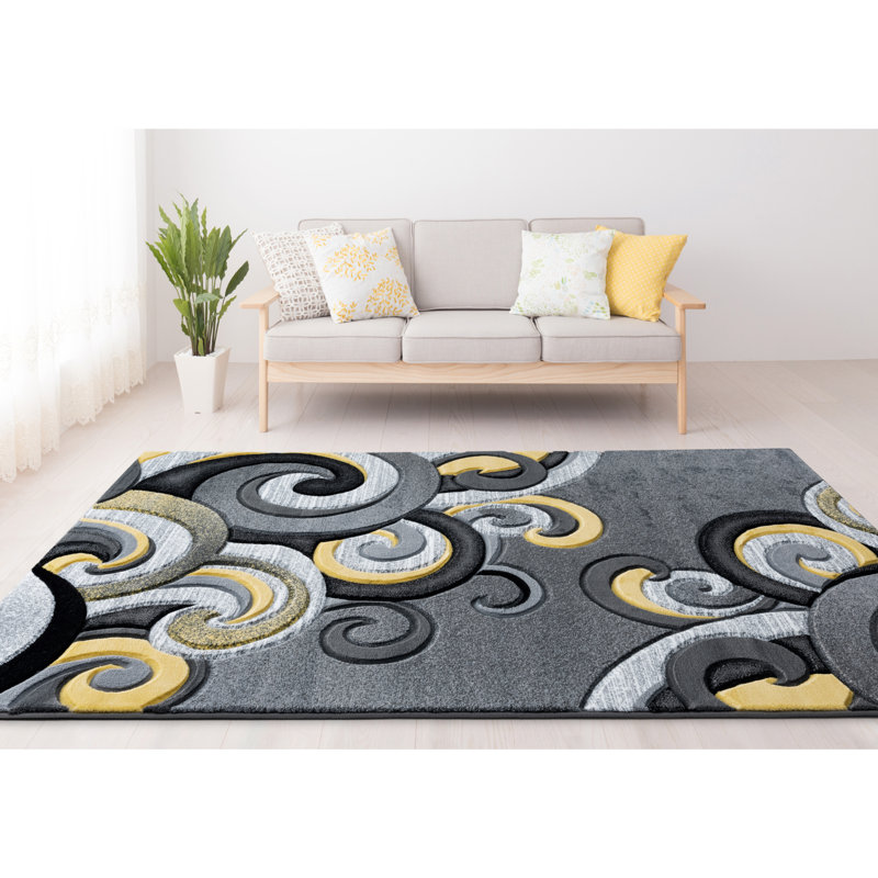 Tapis à motif cachemire abstrait jaune / gris / noir Zabala, Rectangle 2 pi 7 po x 4 pi 2 po