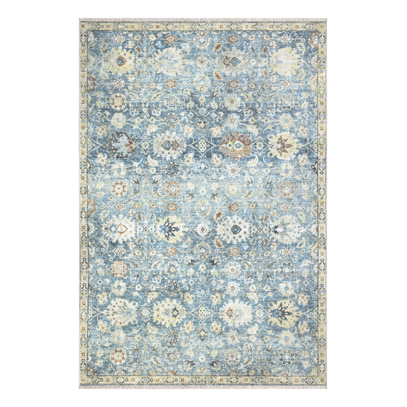 Washable Non-Slip Area Rug - Blue / Beige Traditional Oriental Runner for Entryway, Hallway, Bathroom, and Kitchen
