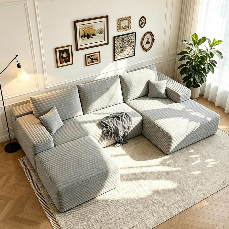 Canapé modulaire en forme de U sans os 107,5 po avec repose-pieds modulaire en velours côtelé avec méridienne droite, canapé à assise profonde pour salon, gris