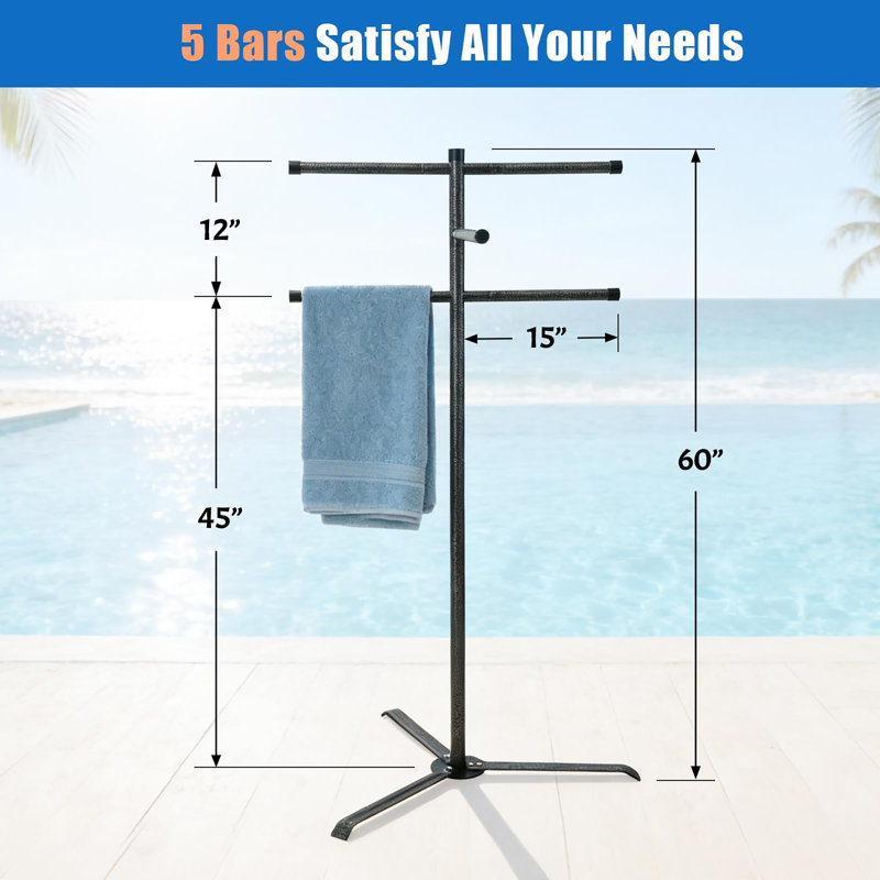 Porte-serviettes de piscine 60 po en métal, 5 barres autoportantes avec base triangulaire stable pour piscine, spa et spa