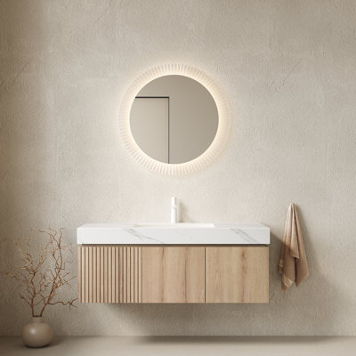 Meuble-lavabo 48 po avec lavabo simple, armoire de rangement flottante avec comptoir en pierre frittée blanc de Carrare, lavabo en céramique à 1 trou, tiroir et portes à fermeture en douceur, pré-assemblé, chêne blanc