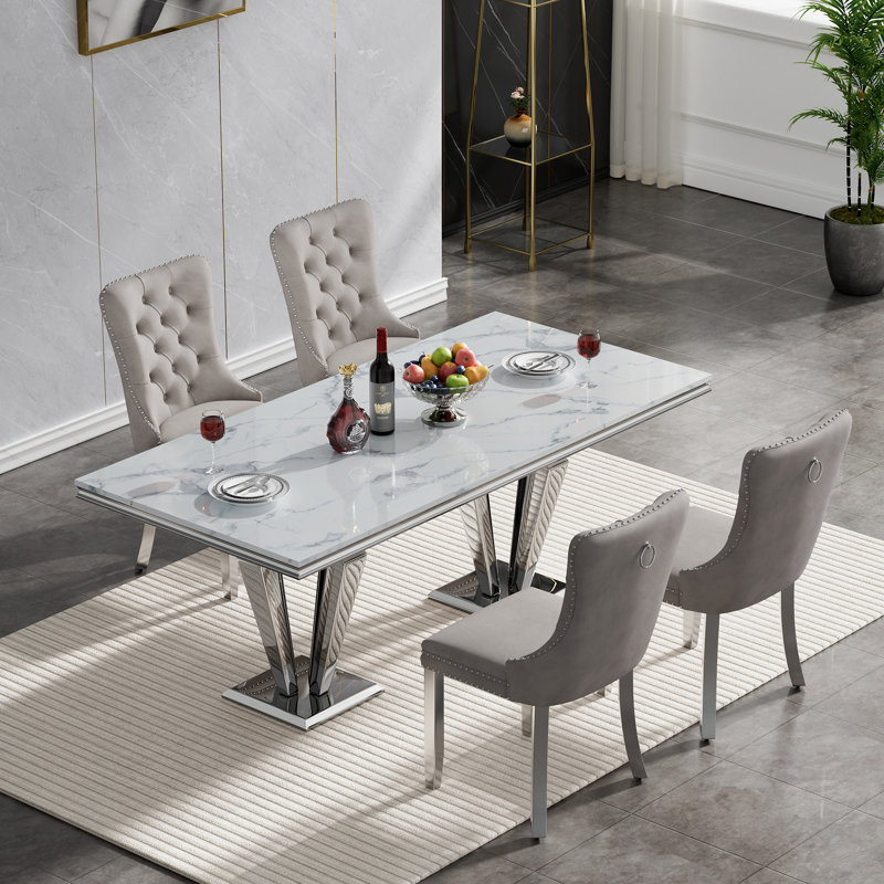 Rectangle Dining Table Set, Faux Marble Dining Table & Velvet Chairs with Stainless Steel Pedestal, 68" Dining Room Table and Chairs Set, Luxury Dining Table Set