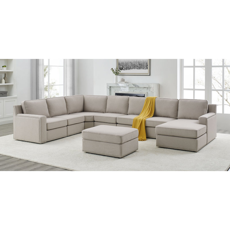 Aindriu Upholstered U-Shaped Sectional Reversible, Beige Polyester