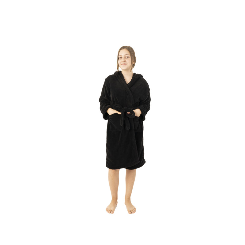 Peignoir 100% microfibre en molleton avec poches et capuche pour les enfants, L, Noir