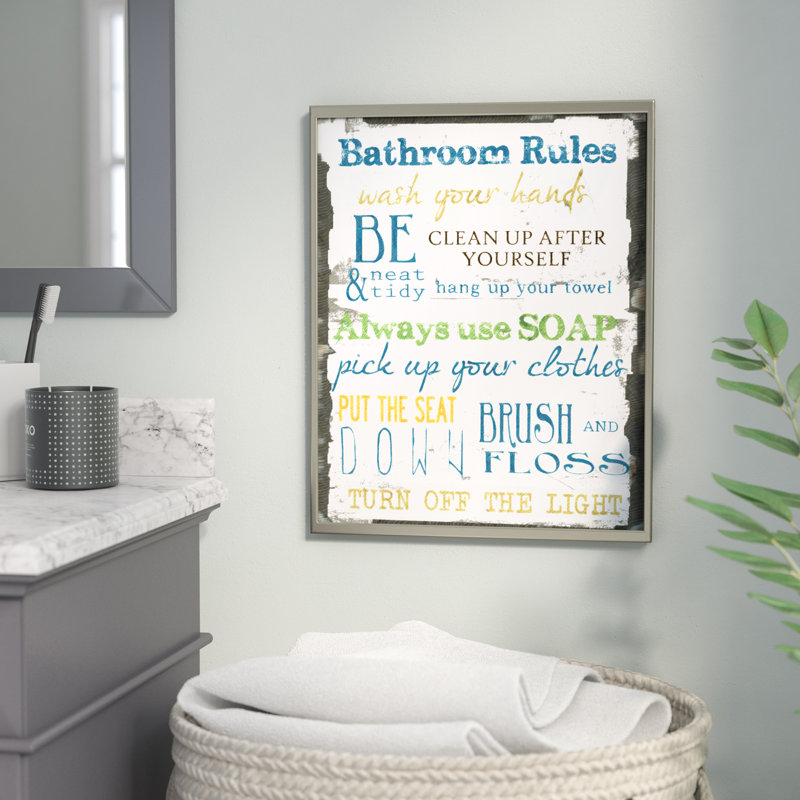 «Bathroom» - reproduction d'art textuel, H 20 po x l 16 po x p 0,5 po, Giclée encadrée noir minuit