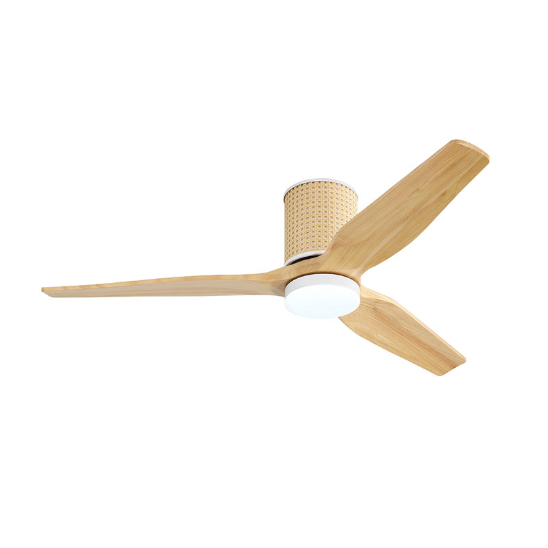 52 In. 3 Solid Wood Blades Flush Mount Ceiling Fan With Led Light, White/Natural, Wood Grain