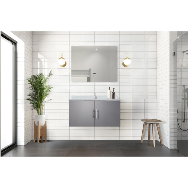 36 po L x P 22 po. Meuble-lavabo gris foncé avec comptoir en marbre et miroir à DEL